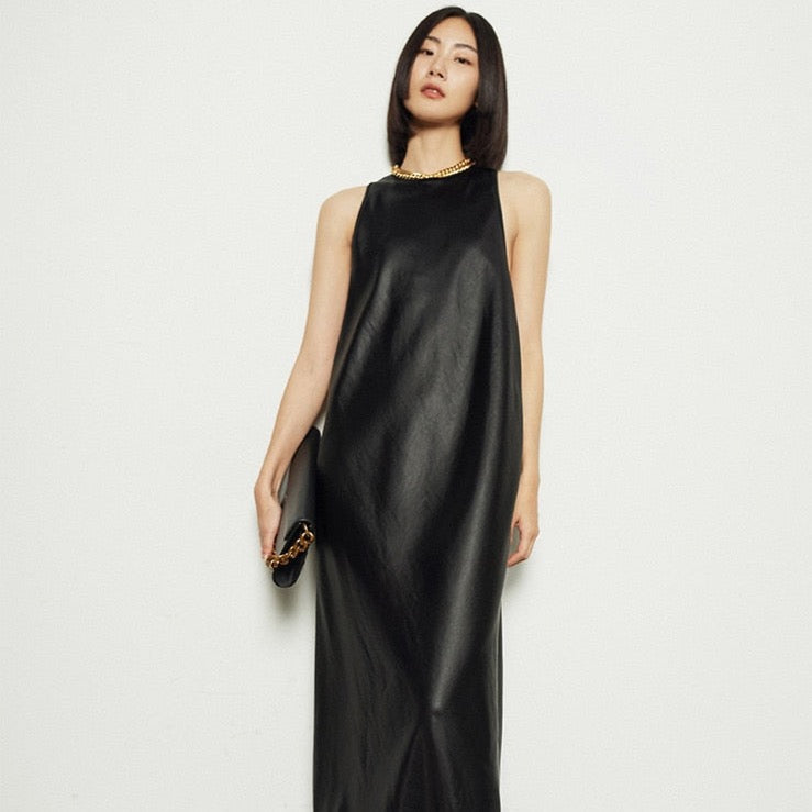 Tomei Back Ribbon Tie Leather Dress