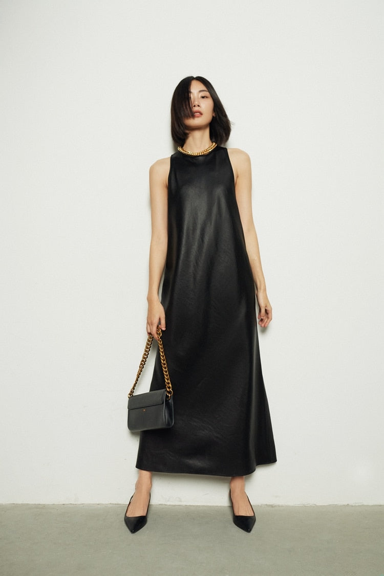 Tomei Back Ribbon Tie Leather Dress