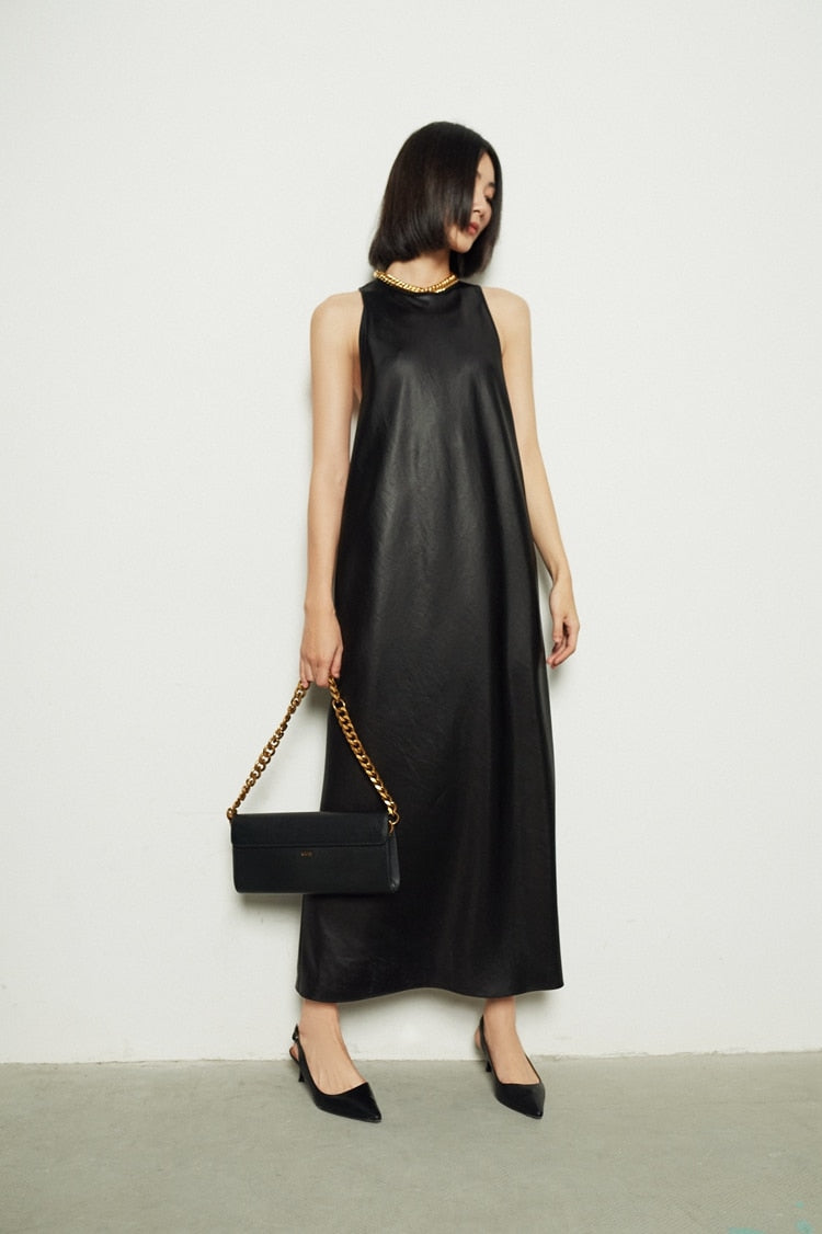 Tomei Back Ribbon Tie Leather Dress