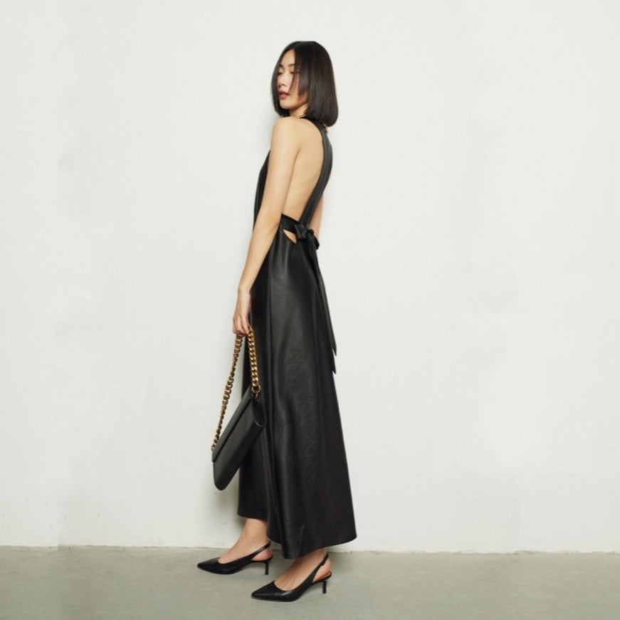 Tomei Back Ribbon Tie Leather Dress