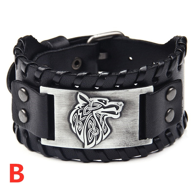 Viking Wolf Head Leather Bracelet