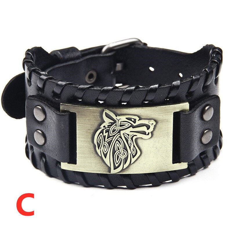 Viking Wolf Head Leather Bracelet