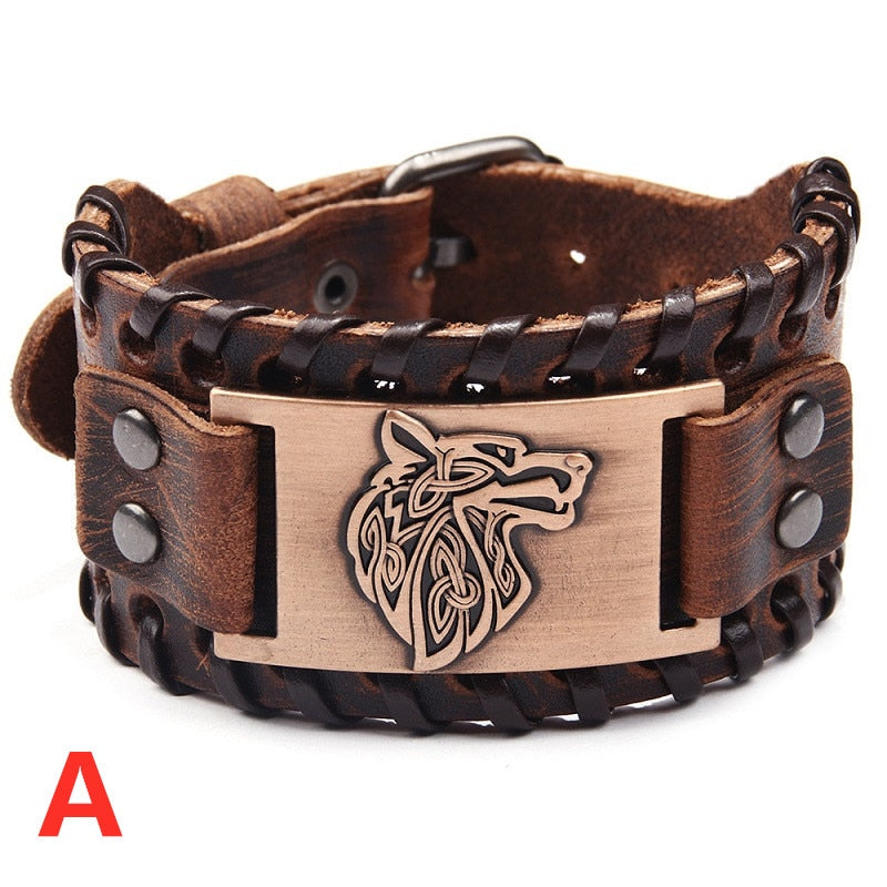 Viking Wolf Head Leather Bracelet