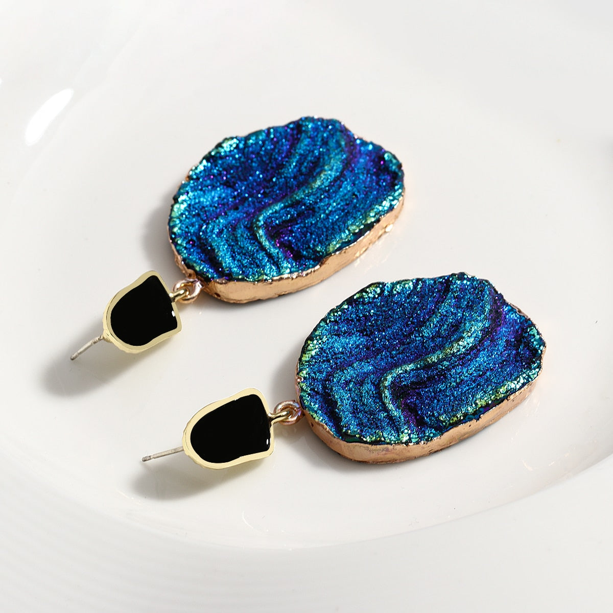 Vintage Blue Gemstone Resin Pendant Earrings