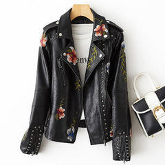 Vintage Floral Embroidery Faux Leather Moto Jackets