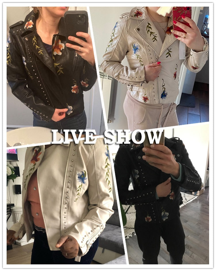 Vintage Floral Embroidery Faux Leather Moto Jackets