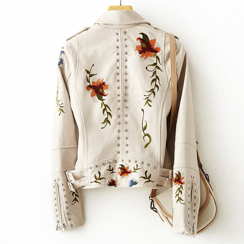 Vintage Floral Embroidery Faux Leather Moto Jackets