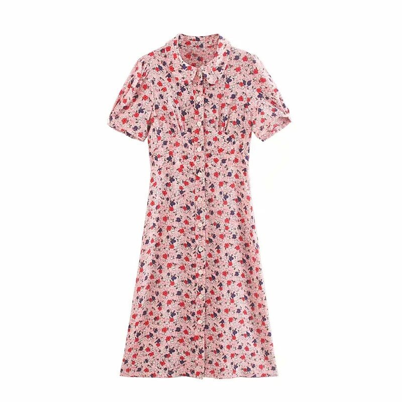 Violas Retro Floral Chiffon Midi Dress