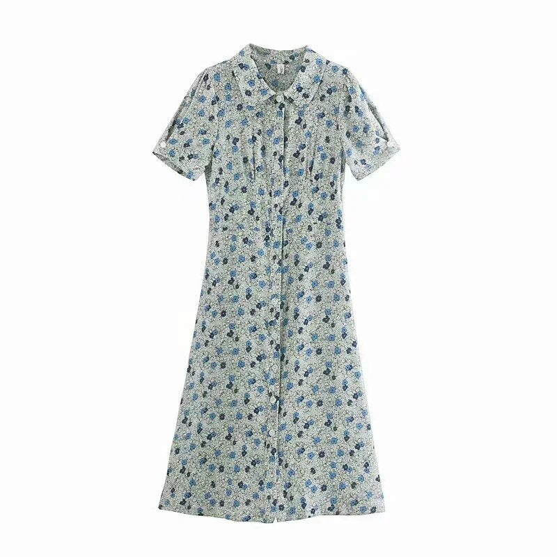 Violas Retro Floral Chiffon Midi Dress