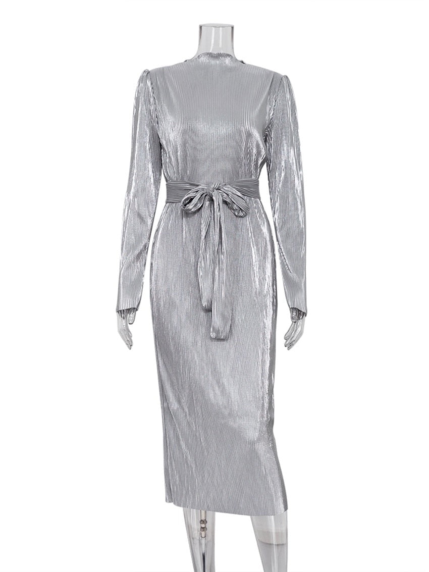 Wilhelmina Pleated Metallic Sheath Dress