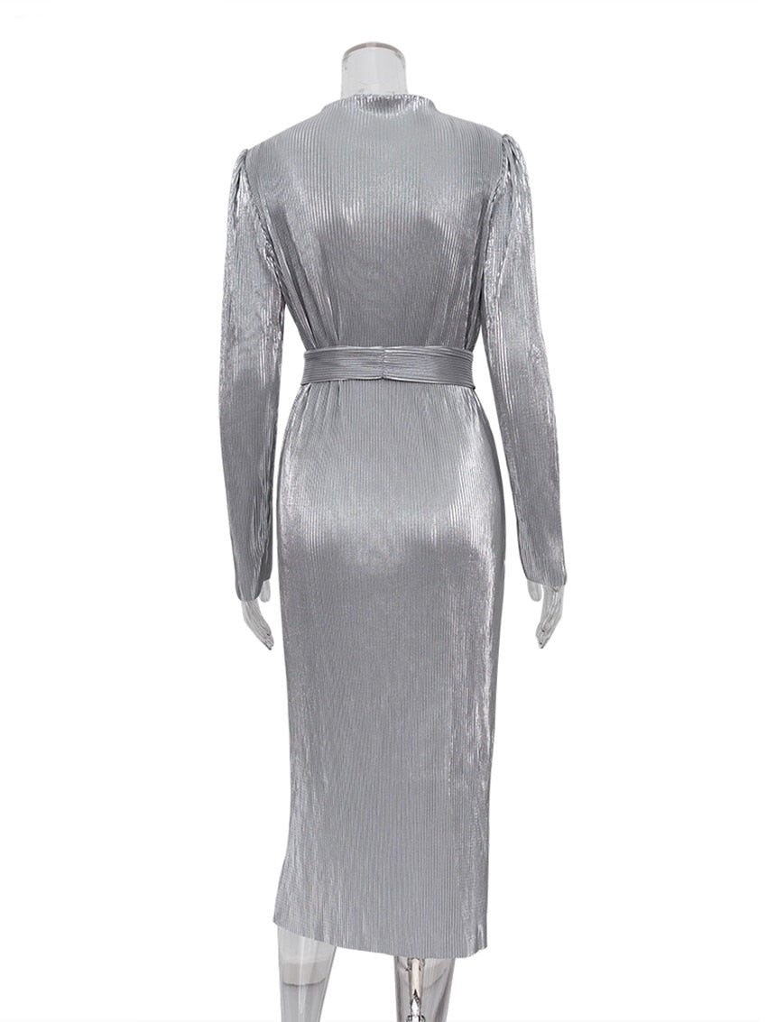 Wilhelmina Pleated Metallic Sheath Dress