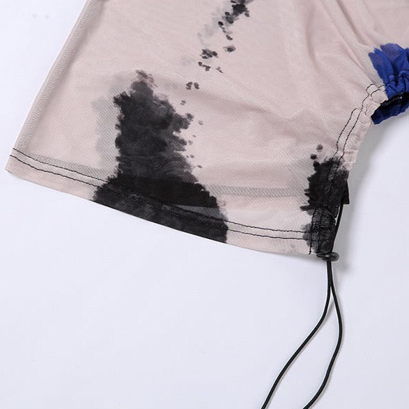 Yelena Tie Dye Art Prints Mesh O-Neck Tissue Top
