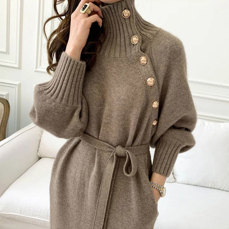 Zoe Side Button Funnel Neck Sweater Dress