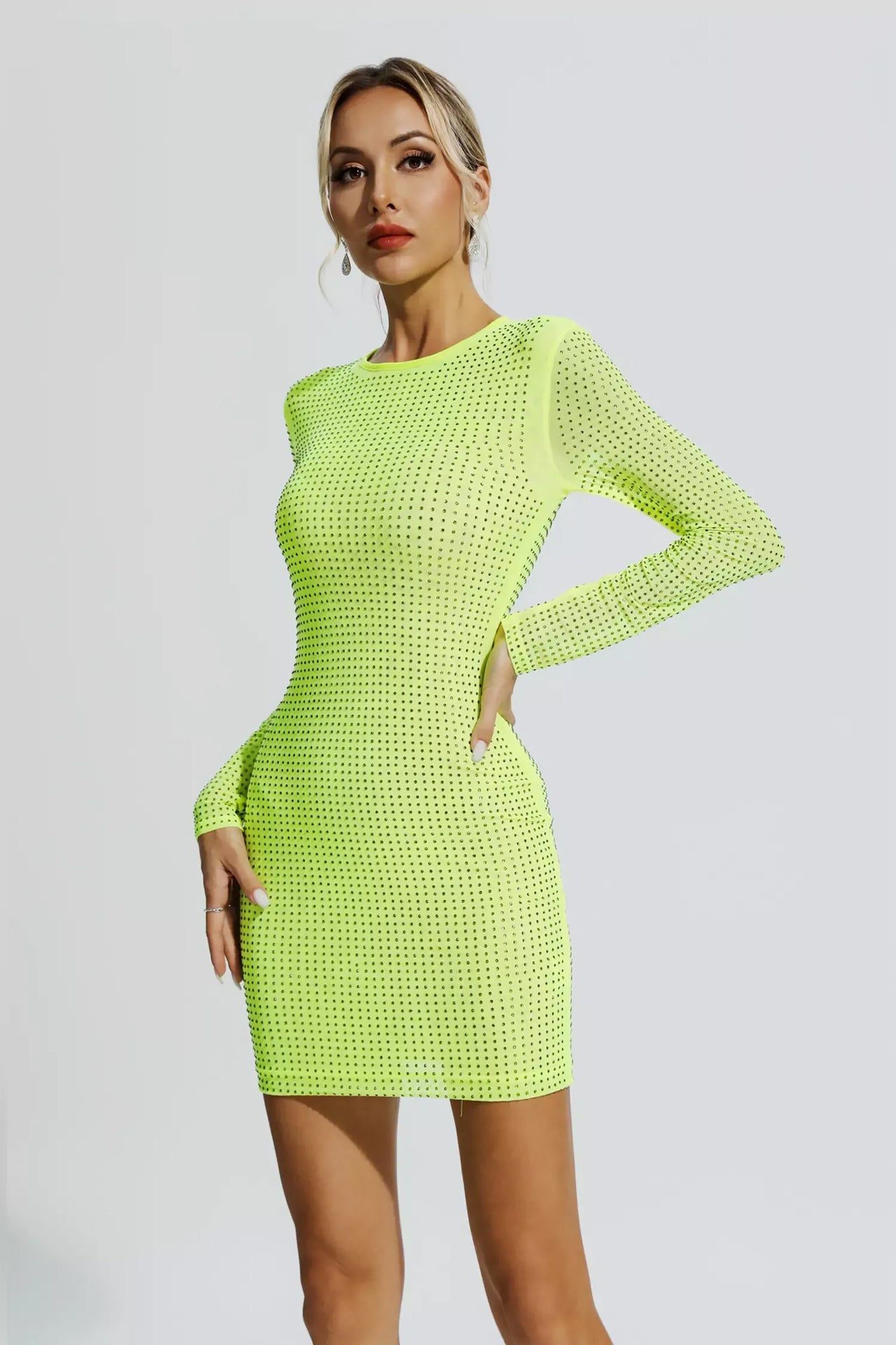 April Fluorescent Green Crystal Mini Dress