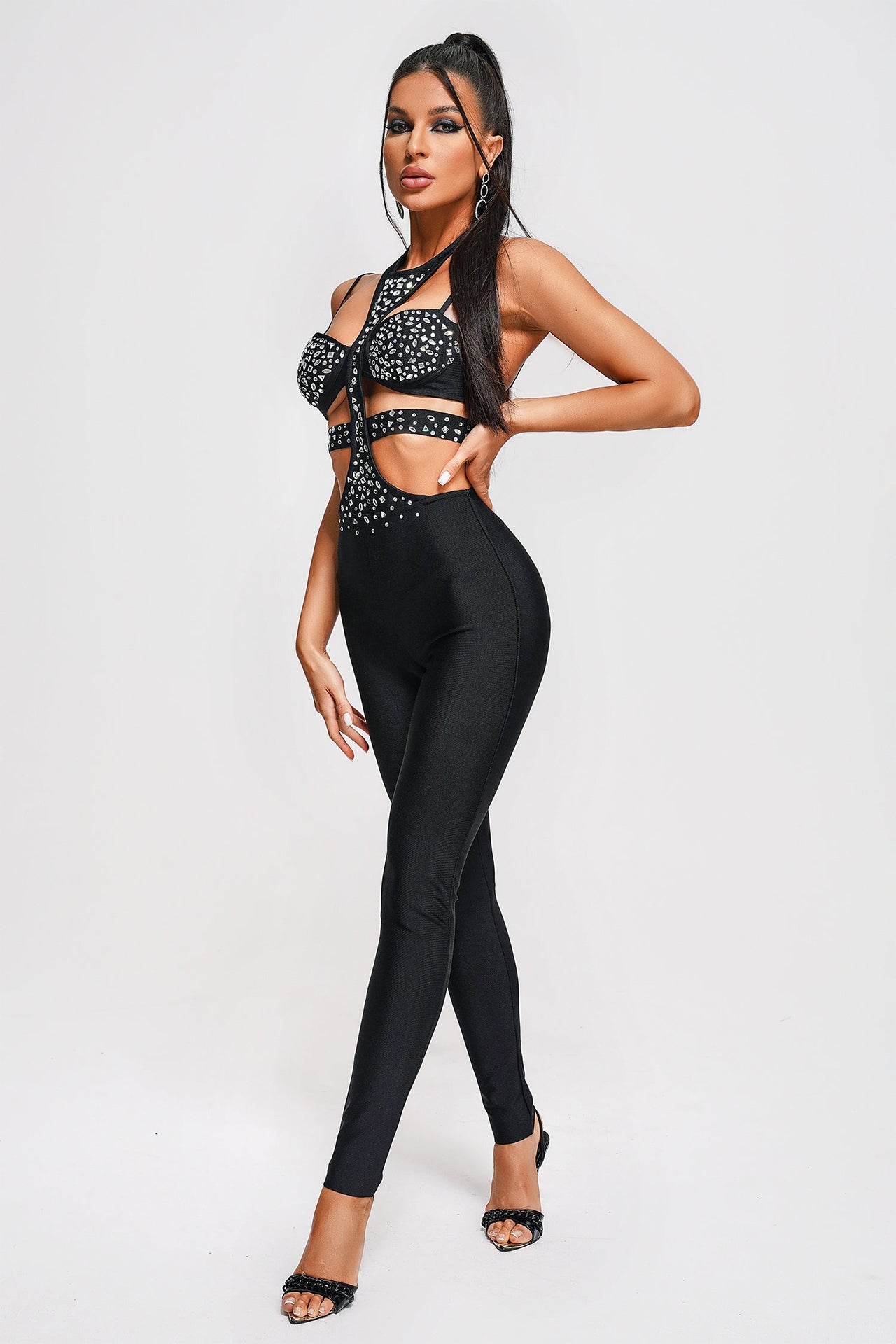 Poppy Diamante Bandage Jumpsuit-Black