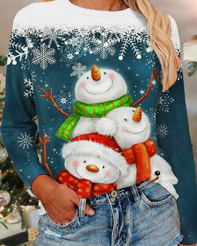 Christmas Casual Crew Neck Long Sleeve T-Shirt Top