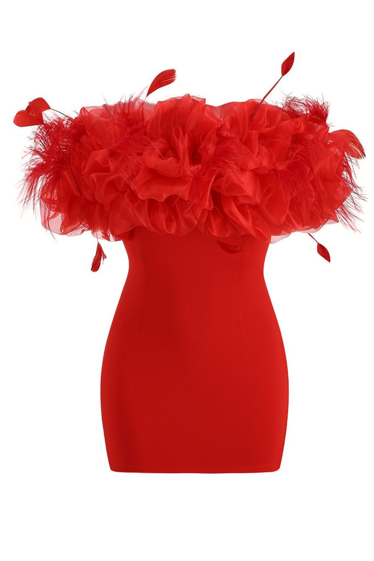 Callie Off Shoulder Feather Mini Dress-Red