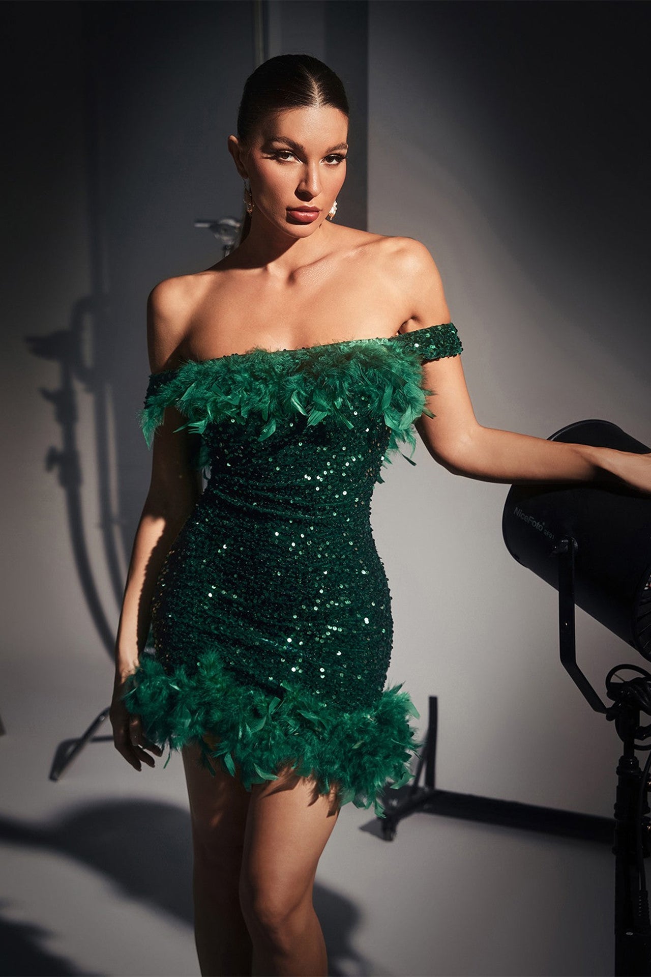 Amaris Off Shoulder Sequin Feather Mini Dress-Green