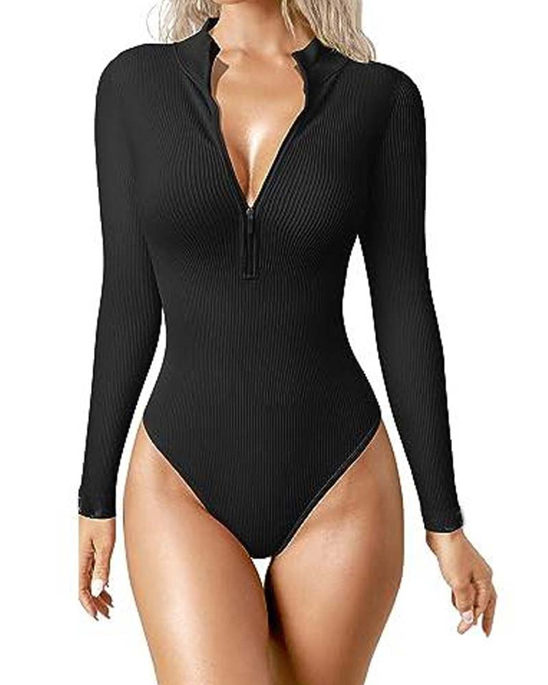 Zipper Front Long Sleeve Sexy Ribbed Long Sleeve Tights (Pre-Sale)