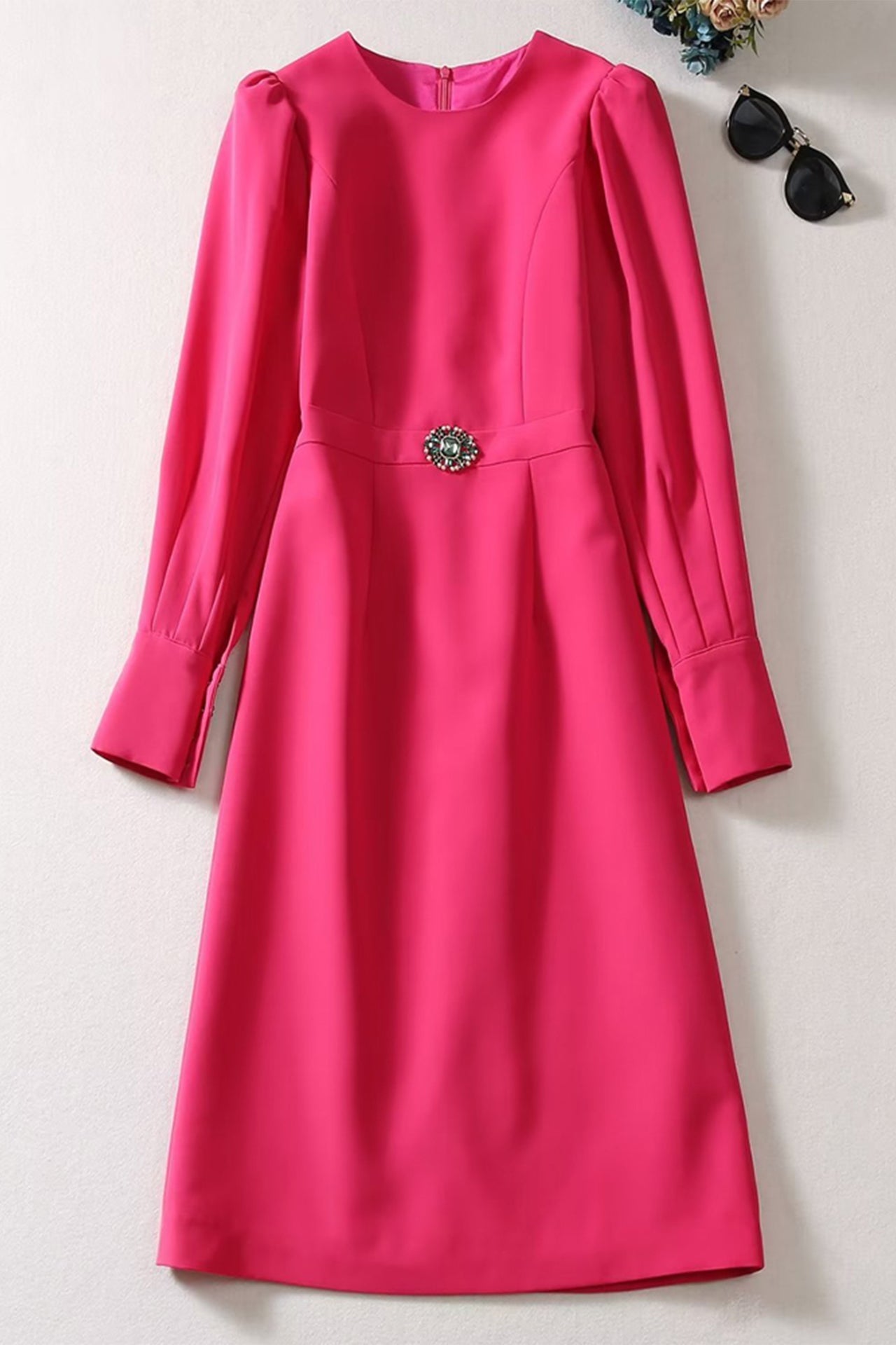 Raquel Long Sleeved Midi Dress-Hot Pink