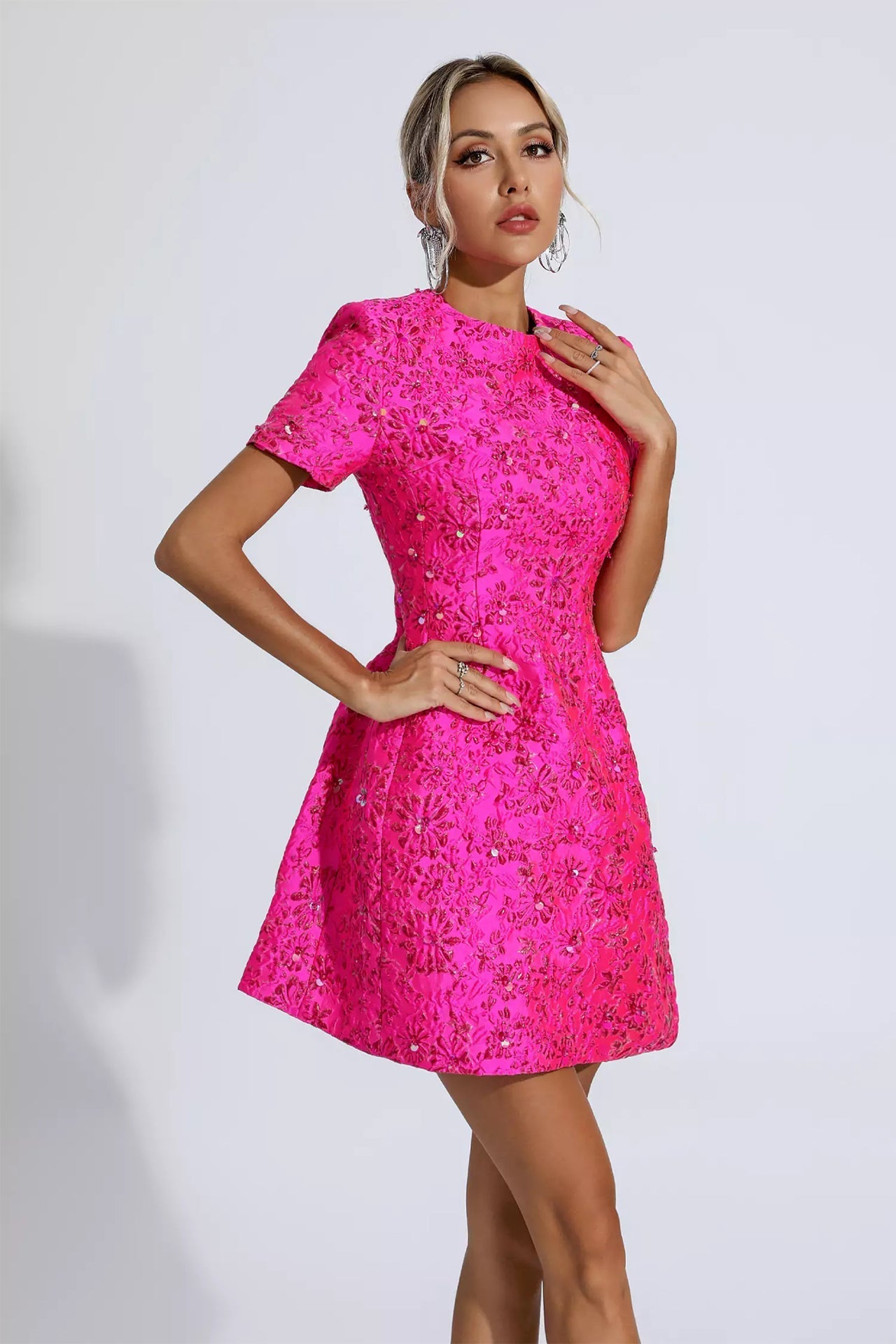 Katherine Jacquard Floral Mini Dress-Pink