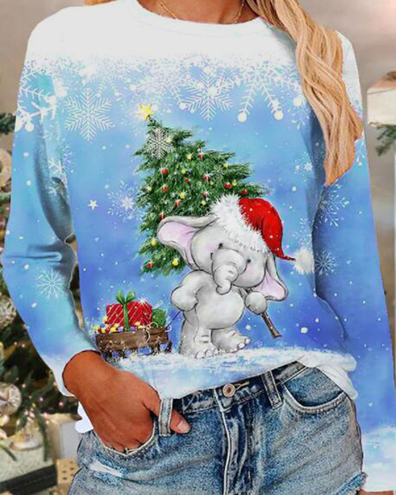 Christmas Casual Crew Neck Long Sleeve T-Shirt Top