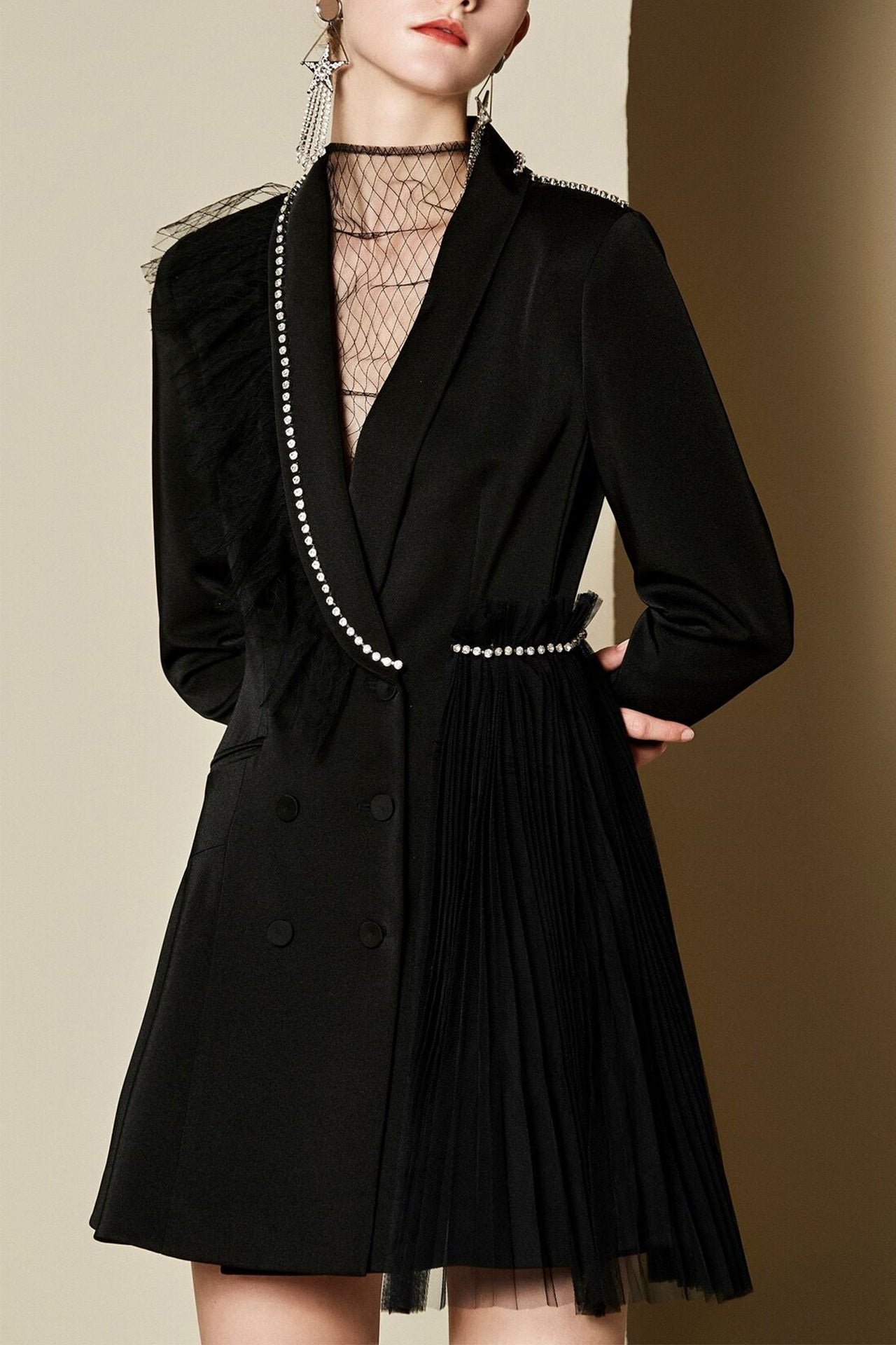 Korea Calla Long Sleeve Suit Dress-Black