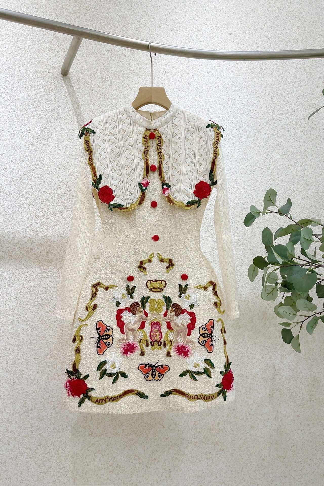 Korea Ruby Lace Embroidery Mini Dress