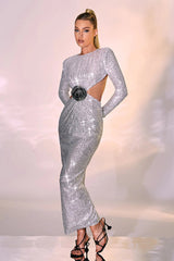 Aviva Long Sleeve Cutout Sequin Maxi Dress-Silver