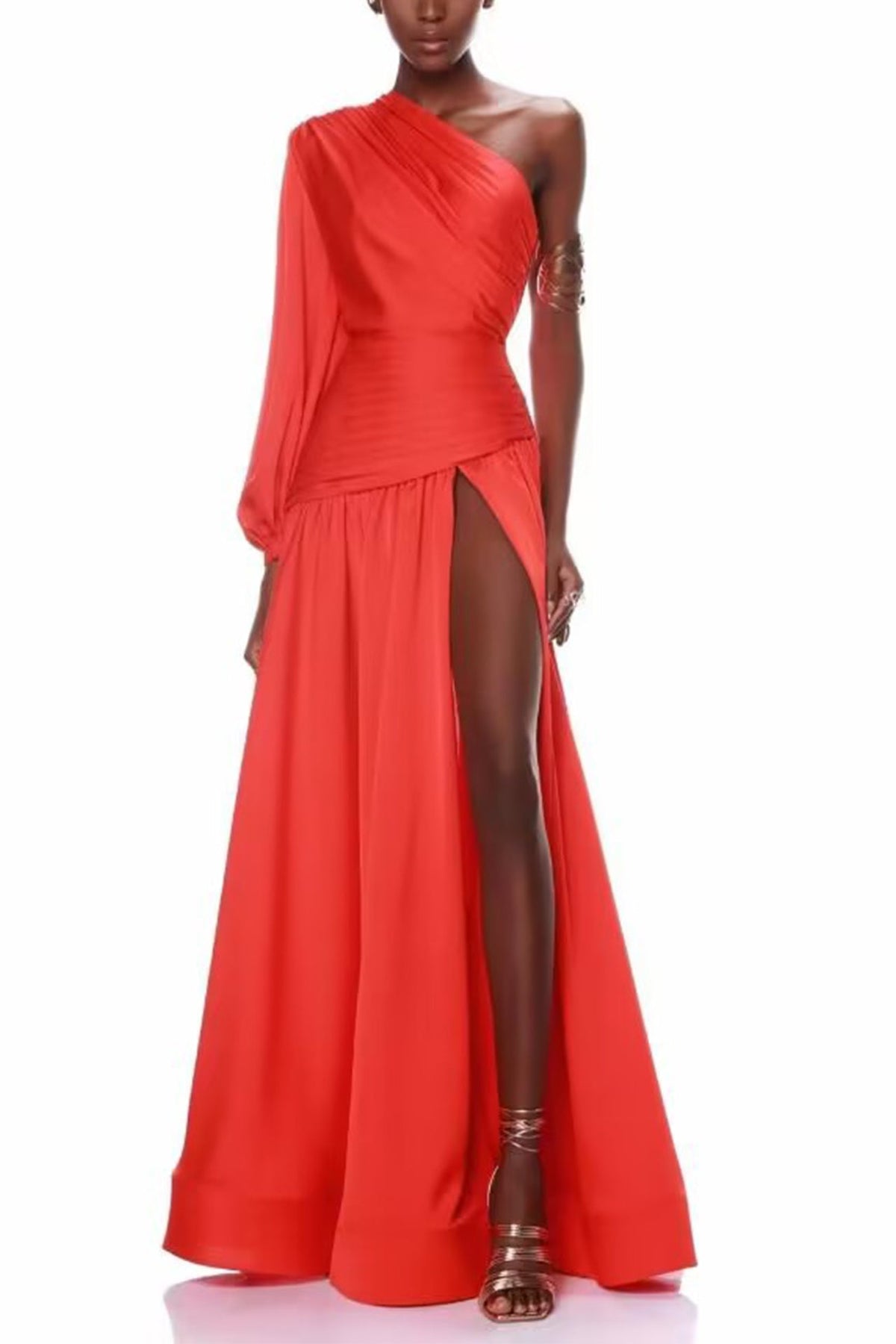 Gemma One Shoulder Long Sleeved Dress-Red