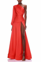 Gemma One Shoulder Long Sleeved Dress-Red