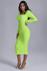 Cyra Square Neck Midi Bandage Dress-Green