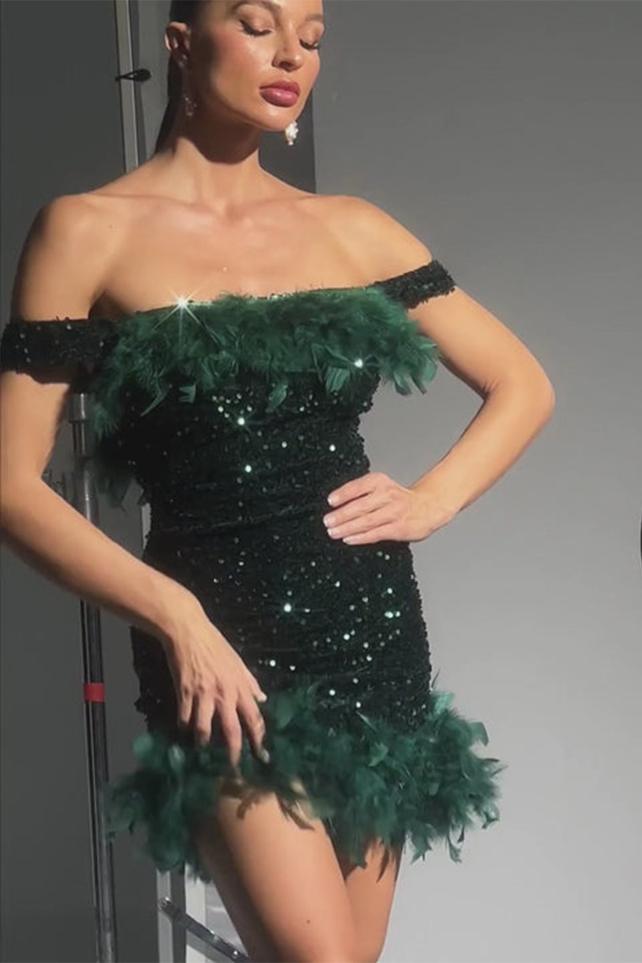 Amaris Off Shoulder Sequin Feather Mini Dress-Green