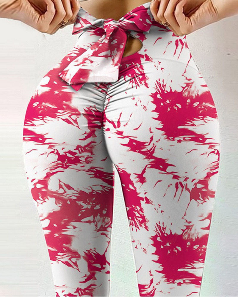 Printed Bow Design Yoga Leggings-curvy-faja