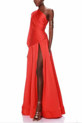 Gemma One Shoulder Long Sleeved Dress-Red