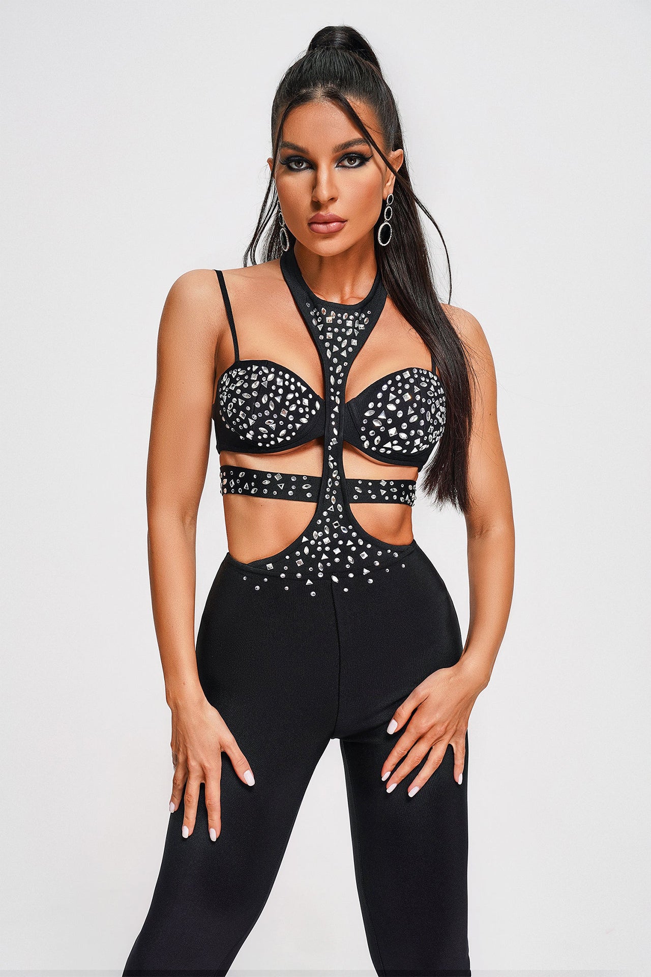 Poppy Diamante Bandage Jumpsuit-Black