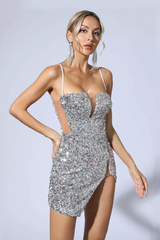 Evangeline Sequined Deep V Mini Dress-Sliver