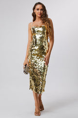 Sequined Midi Dress-Gold