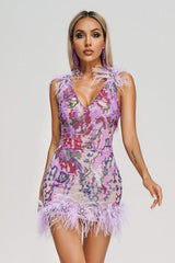 Loviy Sequin Feather Mini Dress-Purple