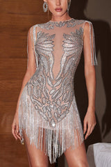 Cassiopeia Crystal Chain Fringe Mini Dress-Light Nude