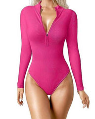 Zipper Front Long Sleeve Sexy Ribbed Long Sleeve Tights (Pre-Sale)